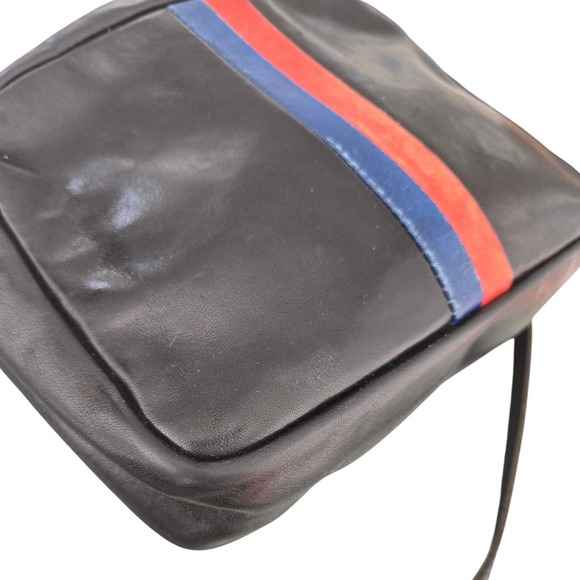 Clare V Midi Sac Black Leather Crossbody Bag Red Blue Stripe Camera Bag Brass - Picture 2 of 9